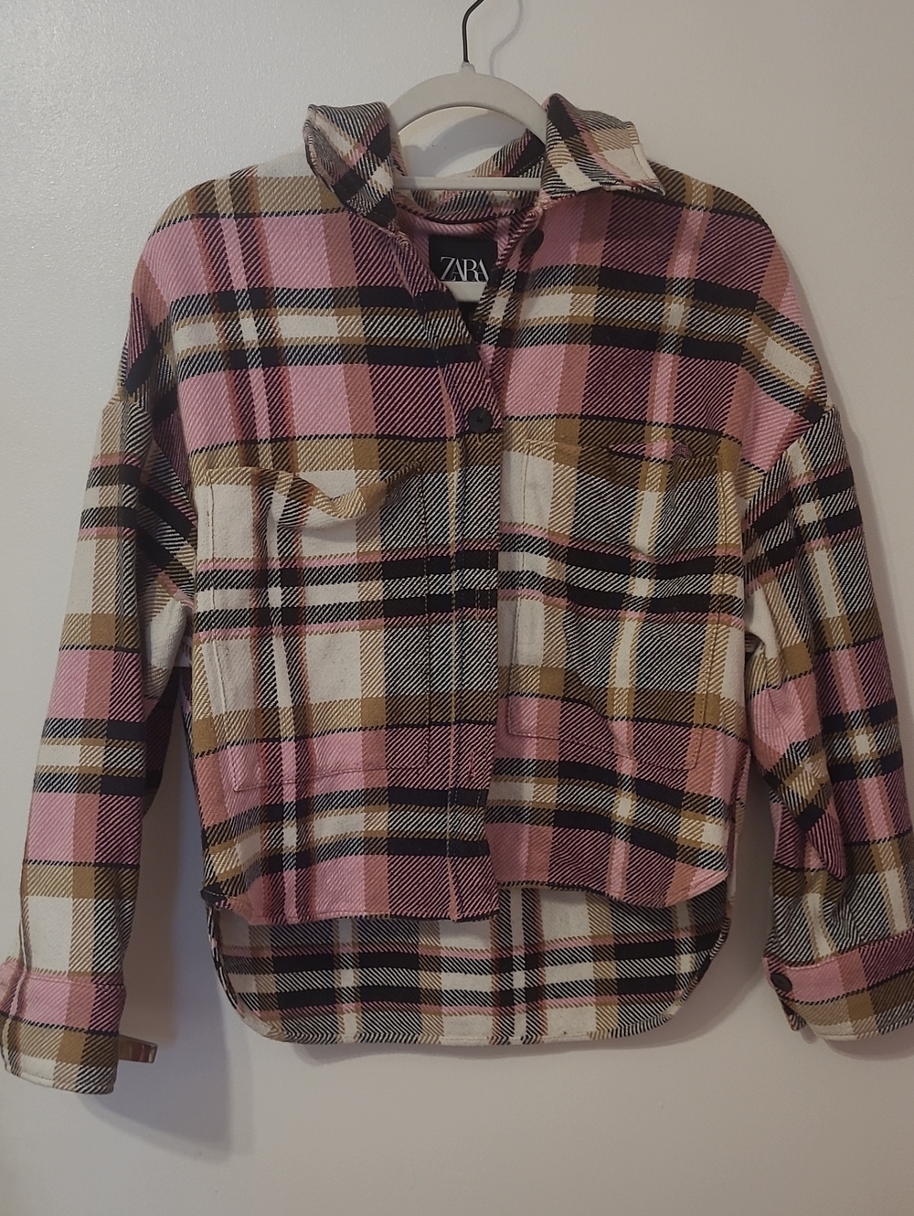 Zara Pink and Tan Plaid Button-Up Shirt Jacket